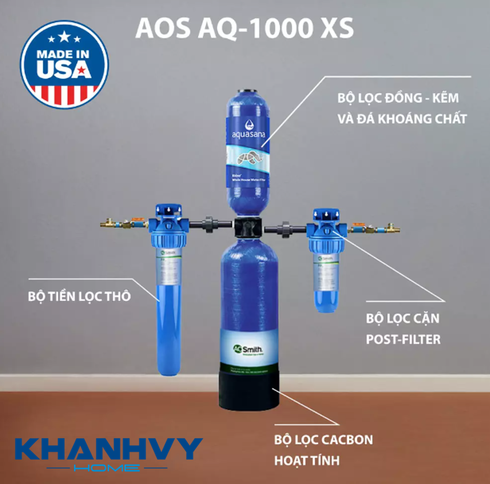 Hệ thống lọc nước đầu nguồn A. O. Smith AOS AQ-1000 sở hữu hệ thống bộ lọc đa cấp ưu việt được nhập khẩu trực tiếp từ Hoa Kỳ, giúp loại bỏ ô nhiễm đầu nguồn hiệu quả
